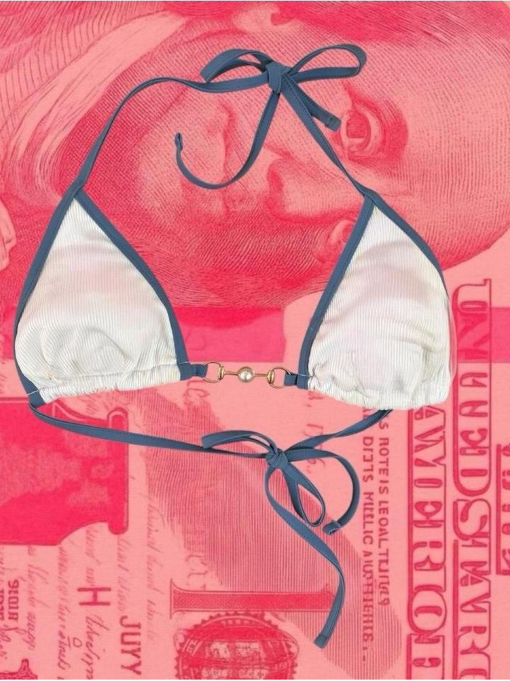 y2k white triangle beach bikini top with blue trim & gold chain